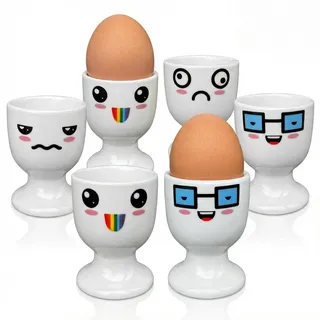 MIJOMA Set 6 Porzellan Eierbecher Funny Faces Kollektion 1 – ca. 7x5 cm – beidseitige Gesichter, spülmaschinenfest, für Frühstück und Brunch