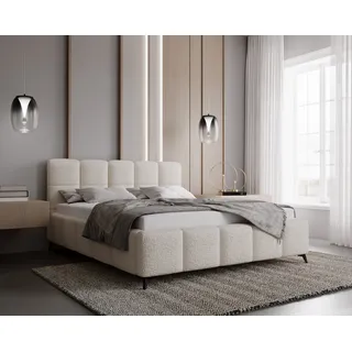 Polsterbett 200x200 Kastilo - Doppelbett, Schlafzimmer - Bettkasten, Kopfteil, Bouclé Creme - Weiß