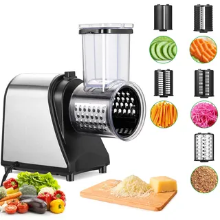Gemüseschneider Elektrisch, 250W Elektrischer Gemüseschneider Edelstahl, Edelstahl Käsereibe, Aufgerüstetes Großkaliber Multifunktional, mit 5 Klingen für Verschiedenes Gemüse