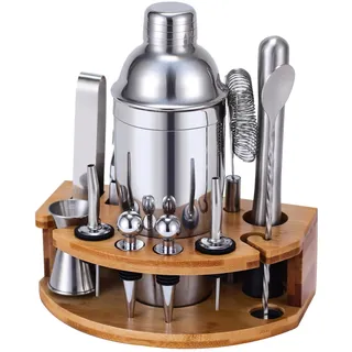 Cocktail Shaker Set, 12 Teiliges Edelstahl Bar Zubehör Set, 750ML Shaker Barkeeper Set mit Ständer, Ideales Cocktail Maschine Barkeeper Set für die Hausbar (Silber)