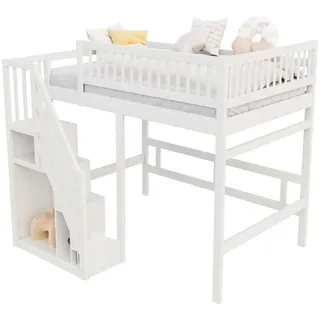 Stilvora Hochbett 140/200 cm in Weiß Jugendbett mit Aufbewahrungstreppe und Stauraum , Holz , 140x200 cm , Babymöbel & Kindermöbel, Kinderzimmer & Jugendzimmer, Kinderbetten, Hochbetten
