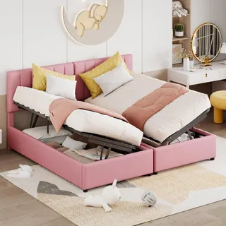 FAVSH Boxspringbett 180x200 cm, Polsterbett Hydraulisches Bett mit Bettkasten, mit Höhenverstellbarem Kopfteil, Doppelbett mit 2 Bettkästen und Lattenrost, für Jugendliche/Kind Ohne Matratze (Rosa)