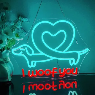 Looklight I Woof You Neonschild Dackel für Kinderzimmer - LED-Neonlicht Hund mit Hundeherz für Schlafzimmer, Party, Bar und Tierhandlung
