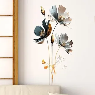 Flaxarne Blaues Blumen Wandtattoo mit Goldenen Akzenten – Großes Wandsticker für Wohnzimmer, Schlafzimmer und Büros – Moderne Wanddekoration für jedes Zuhause