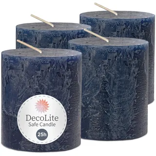 DecoLite Stumpenkerzen Rustik 7x8 cm, 25h Brenndauer, 4er Set, Nachtblau