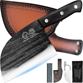 XYJ 6 Zoll serbische Kochmesser mit Scheide, handgefertigt geschmiedet Outdoor Camping Küche Metzger Messer, Gemüse Kochen Fleisch Hackmesser Weihnachtsgeschenke für Frauen Männer Geschenke