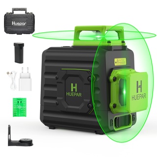 Huepar 2 x 360 Kreuzlinienlaser Grüner Selbstnivellierenden Laser Level, Zwei 360°-Laserlinie, Li-Ionen-Akku mit Ladeanschluss Typ C, Hartschalenkoffer enthalten - B02CG