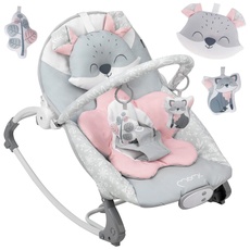 MoMi LUIS Babywippe für Babys bis 9 kg, 3-Punkt-Sicherheitsgurt, 3-fach verstellbare Rückenlehne, Metallgestell, Antirutsch-Füßchen, sensorisches Modul + 2 Spielzeuge + abnehmbares Kissen