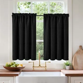 Vangao Waffel Scheibengardinen Blickdichte Modern Schwarz Küche Einfarbig Bistrogardine 2er Set 90Bx115Hcm Landhaus Gardinen Kurz mit Stangendurchzug Küchengardinen für Wohnzimmer Wohnwagen Kurzstores