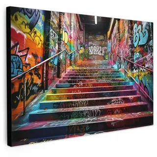 MuchoWow Leinwandbild Treppe - Graffiti - Farben - Kunst XXL 150x100 cm , Multicolor , Textil , Kiefer , Rechteckig , 150x100 cm , FSC 100% , gerahmt , Bilder & Rahmen, Bilder, Leinwandbilder