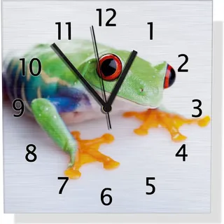 Wallario Design Wanduhr Lustiger Frosch in grün und orange aus Aluverbund, Größe 30 x 30 cm - Weiß
