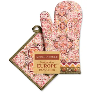 Maison d' Hermine Ofenhandschuh + Topflappen aus 100% Baumwolle, hitzebeständige Küchen-Ofenhandschuh(19cm x 33cm) & Topflappen(20cm x 20cm) für Köche, Damen, Damask – Erntedankfest/Weihnachten