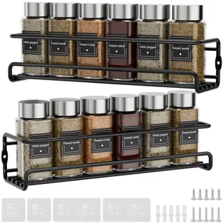 Priksia Gewürzregal Wand, 2er Set Gewürz Organizer Ohne Bohren, Gewürzhalter Hängend aus Metall mit Selbstklebende und Schrauben für Gewürzdosen, Küchenschrank, Speisekammertür