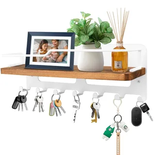 JiangLin Schlüsselbrett Holz mit Ablage, Dekoratives Schlüsselhalter, Schlüsselablage Wand mit 7 Schlüsselhaken, Wandregal Holz für Schlüsselbrett Organizer für Eingang, Flur, Schlafzimmer, Wohnzimmer