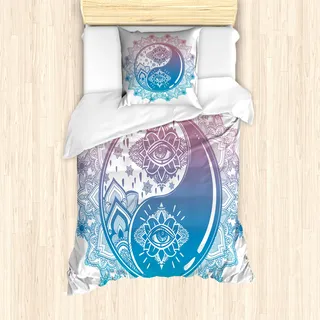 ABAKUHAUS Ying Yang Mantele, Ying Yang Mandala Asian, Milbensicher Allergiker geeignet mit Kissenbezügen, 135 cm x 200 cm - 80 x 80 cm, Pink Blau - Blau