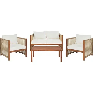BELIANI Lounge Set Beige Akazienholz und Flechtseil 4-teilig für 4 Personen mit Kissen Stoff 2-Sitzer Sofa 2 Sessel und Couchtisch Outdoor Terrasse - Braun, Beige