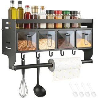 OJTOJT Metall-Wandregal für Gewürze, mit Rollenhalter und 4 Gewürzboxen | Gewürzregal mit Küchenrollenhalter Gewürzständer Wand aus Metall Gewürz Organizer Regal für Küchen Arbeitsplatte Schrank