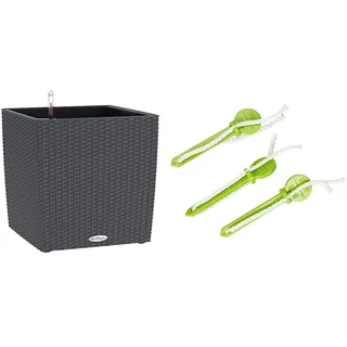 LECHUZA "CUBE Cottage 40" Pflanzgefäß mit Erd-Bewässerungs-System, Granit, 40 x 40 x 40 cm & 3er Set Bewässerungsstick