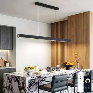 LED Hängelampe Esstisch mit Fernbedienung & App, Holz-Dekor, Schwarz 120CM | Lineare Pendelleuchte Kücheninsel, 3 Farbtemperaturen, Dimmbar 48W/3280LM, Höhenverstellbar, Moderne Esszimmer Lampen Hängend