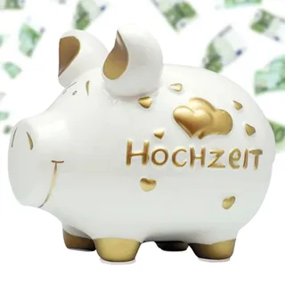 Hochzeit Sparschwein weiß, Gold - große 17 cm Erwachsenen Keramik Spardose