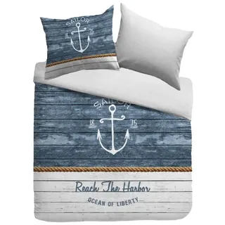 Sognamo Baumwollbettwäsche Skjern 135x200 cm + 80x80 I Reißverschluss I Anker I Maritim I Wendebettwäsche