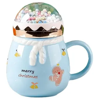 VollfitYYu Keramik Weihnachtstasse süße Weihnachten Kaffeebecher Kaffeetasse 400ml Weihnachtsbecher mit Deckel Kreative Frühstückstasse Geschenk für Mama Kinder Mädchen (Hell-Blau)