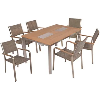 Garten-Essgruppe GARDEN PLEASURE "FLORENCE", beige (champagner, teak, optik, braun, braun, champagner), B:250cm H:85cm T:190cm, Aluminium, Kunststoff, Polyrattan, Sitzmöbel-Sets, Garten-Essgruppe, mit platzsparenden Stapelstühlen