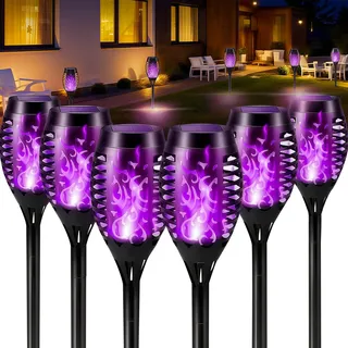 6 Stück Lila Solarlampen für AußEn, Solar Gartenfackeln mit Realistischem Flammeneffekt, IP65 Wasserdichte Solarlampen für Außen, ideal für Halloween Weg, Garten, Hinterhöfe, Rasenbeleuchtung