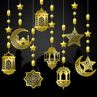 Zonon 24 Stück Ramadan Girlanden Eid Girlande Dekoration Ramadan Mubarak Party Banner Stern Mond Laternen Girlande Hintergrund Glänzende Hängende Wanddeko für Haus Hochzeit Islam Party (Gold)
