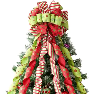 JOIEDOMI 45 Zoll(114.30CM) Weihnachtsbaumspitze-Schleife, grün-rot-weiße Schleife mit Streifen und Punkten, große Geschenkschleife für Weihnachtsbaumspitze, Feiertags-Themendekoration