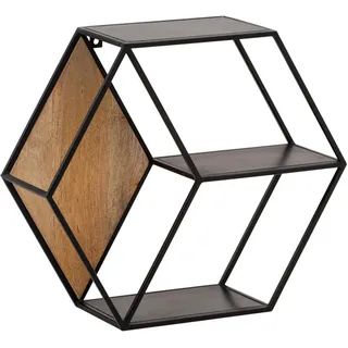 Mid.you Wandregal , Braun, Schwarz , Holz, Metall , Mangoholz , massiv , 60x52x20 cm , hängend, handgemacht , Wohnzimmer, Regale, Wandregale