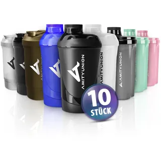 Protein Shaker Deluxe SET - 10 STÜCK - MEGA Paket 300, 400, 500, 600, 800 ml mit Sieb Eiweiß Shaker – Kleiner Fitness Shaker auslaufsicher - BPA frei mit Skala Skalierung - Unterschiedliche Farben