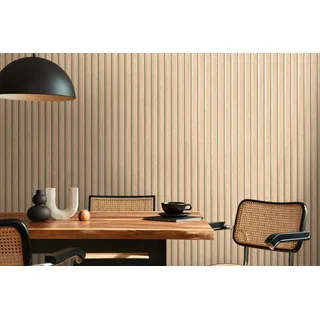 A.S. Création Vliestapete mit Wandpaneelmotiv mit Metallic-Effekt 0,53 x 10,05 m – Beige Braun Gold Metallic – Tapete in Holzoptik Made in Germany – 786651