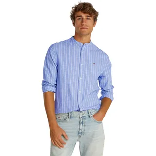 Tommy Jeans Herren Hemd Linen Mix ohne Kragen, Mehrfarbig (Tempo Blue/Ecru), M
