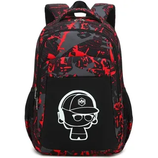 Ibenzoa® Rucksack mit Graffiti‐Design, wasserabweisend & reißfest, 42 × 31 × 12 cm, Laptopfach bis 15,6 Zoll, mehrere Fächer, Schul‐ & Reiserucksack für Damen und Herren - Rot
