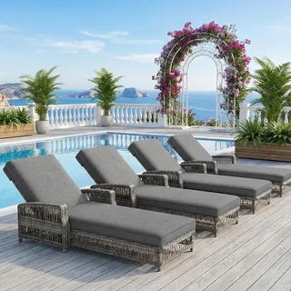 Ball & Cast Doppelliege Outdoor 2 Personen aus Rattan, Liege mit 4-Fach Verstellbarer Rückenlehne und Bequemer Auflage, 4er Set, 192 x 70 x 83 cm, Grau
