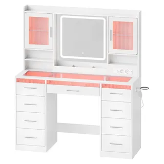 Schminktisch - Frisiertisch mit Spiegel - RGB-Beleuchtung - 9 Schubladen - 2 Schränke - 9 Fächer - 110x40x140 cm - E1 Spanplatte + Glas - Weiß