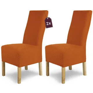 SCHEFFLER-Home Stuhlhussen Stretch Luna-Lang/Stuhlüberzug 2er Set Orange-Terra/elastische Flanell Stuhlabdeckungen/Stuhlhussen Schwingstühle/Spann-Bezug Stuhl Überwurf als eleganter Schonbezug
