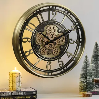 CLXEAST, 53,3 cm industrielle bewegliche Zahnrad-Wanduhr, Modernes Bauernhaus, Arabische Ziffern, Batteriebetrieben, Leise Wanduhr für Wohnzimmer, Gebürstetes Gold, Einweihungsgeschenk, Neues Zuhause