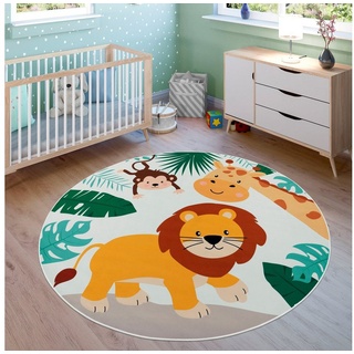 Paco Home Kinderteppich »Bino 582«, rund, 4 mm Höhe, Spielteppich, Motiv Tiere, Löwe & Giraffe, Kinderzimmer Beige Blau Grün 160 cm