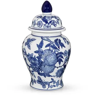 Blau‐Weiße Porzellan‐Deckelvase Chinesische Handbemalte Vintage Keramikvase mit Dekor, Blaue und weiße Porzellan Vase für Klassische Chinoiserie Deko für Wohnzimmer, Konsole & Sideboard