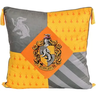 Elbenwald Harry Potter Kissen mit Quasten im Hufflepuff Design mit gesticktem Wappenpatch in den Hausfarben gelb grau 48 x 48 cm