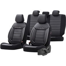 Universelle Leder/Stoff Sitzbezüge 'Comfortline' Schwarz/Grau + Weißes Rand - 11-Teilig- - kompatibel mit Side-Airbags