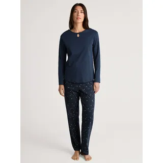 Schlafanzug CALIDA "Sweet Dreams", Damen, Gr. M (44/46), blau (peacoat blau), Interlock, Obermaterial: 100% Baumwolle, gemustert, bequem lang, Rundhals, Homewear-Sets Schlafanzug, lockere Passform, Rundhals, Interlock-Qualität, Langarm, weich