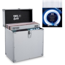VINYL BUDDY 12" Aluminium-Schallplattenkoffer, für bis zu 40 LPs, inklusive 40x 12-Zoll-Äußere Schallplattenhüllen (Silber)