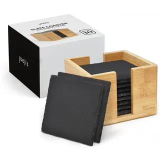 Joeji's Kitchen 10er Set Stein Schiefer Untersetzer für Getränke mit Bambus Halter - Hitzebeständige und stylische Getränke - Vielseitige Schwarze Glasuntersetzer Schiefer für Getränke, Öl & Vasen
