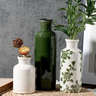 Sawoake Keramik Vintage Vase Set von 3, grün und weiß Riss Glasur, Chinoiserie Floral Dekor für Bauernhof Regal, Tisch Mittelstück, Mantel, Wohnzimmer & Büro