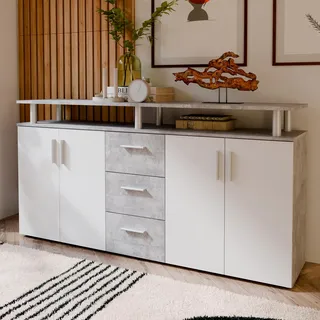 Forte BALLATA Sideboard 180, modernes Sideboard mit Ablage-Aufsatz, 4-türig, 3 Schubladen, Wohnzimmer, Flur, Holzwerkstoff, Weiß mit Betonakzenten, 179 cm breit x 90,3 cm hoch x 38,2 cm tief