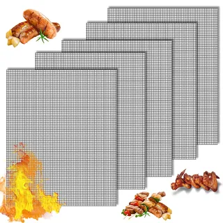 5 Stück Grillmatte Set Antihaft Gitter Beschichtet, 42 x 36 cm Teflon Netz Grillmatte, Wiederverwendbar, Hitzebeständig für Gasgrill, Holzkohle, Elektrogrill, für Fleisch, Fisch Und Gemüse