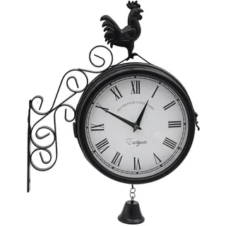 WOLEGM Bahnhofsuhr Doppelseitig, Runde Dekoruhr Wanduhr für Garten, Retro Zweiseitige Wanduhr, Leise Bewegung, Eisen Vintage Wanduhr, Dekorative mit Wandhalterung für Bahnhof, Flur oder Garten